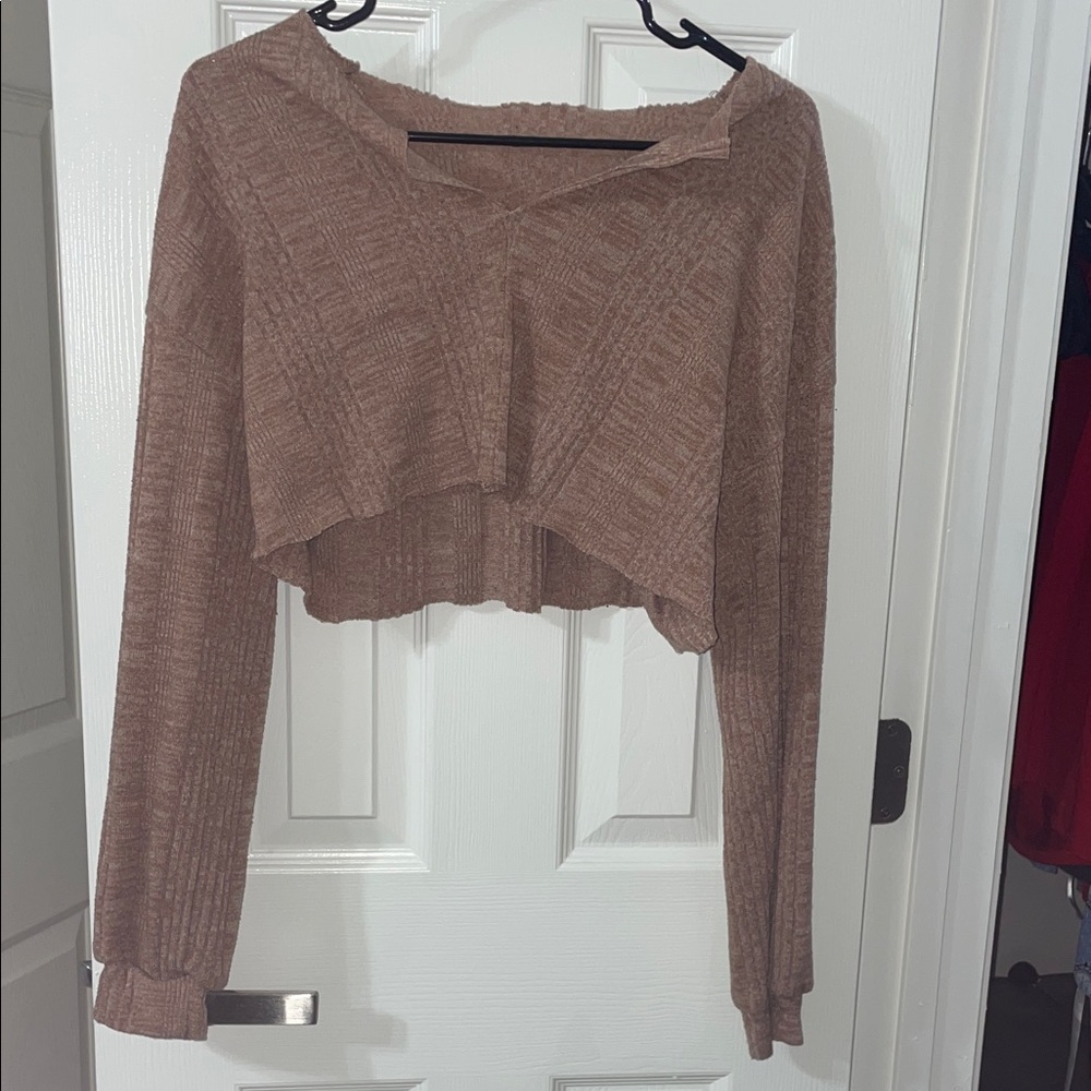 SHEIN V-Neck Cropped Sweater in Brown